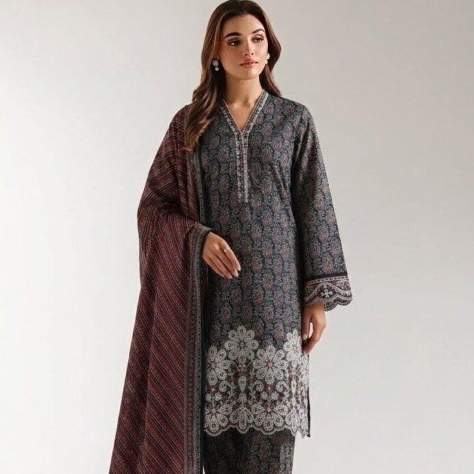 Meher Aura Grey & Deep Maroon Printed Lawn 3 Piece Set