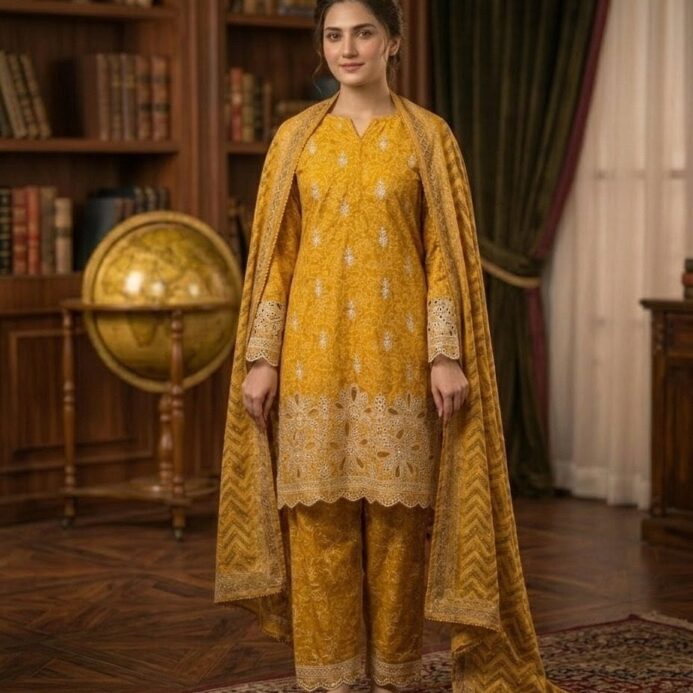 Radiant Mustard Embroidered 3-Piece Lawn Suit