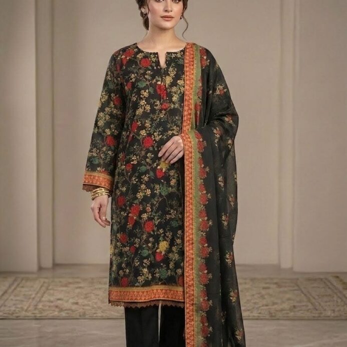 Black Floral Lawn 3 Piece Suit
