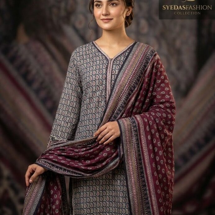 Maroon & Grey Printed Lawn 3 Piece Suit