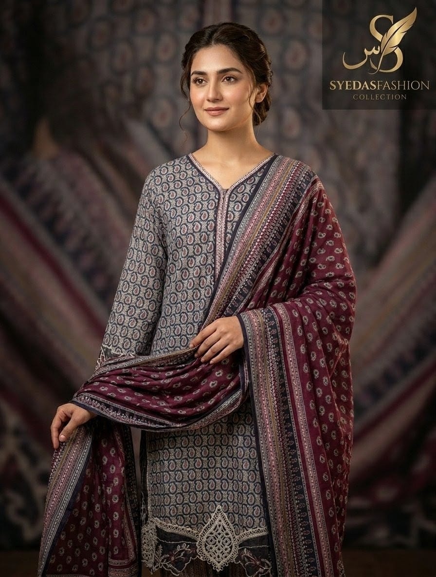 Maroon & Grey Printed Lawn 3 Piece Suit