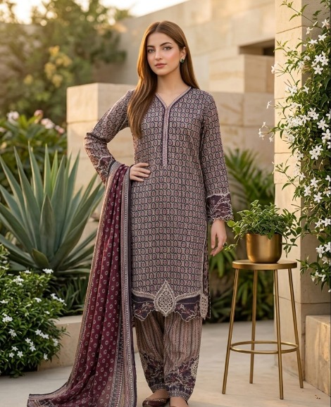 Maroon & Grey Printed Lawn 3 Piece Suit - Image 2