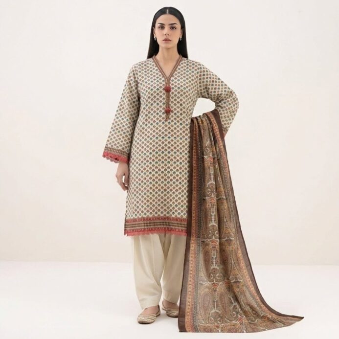 Midnight Charcoal Printed 3-Piece Lawn Suit with Embroidered Borders