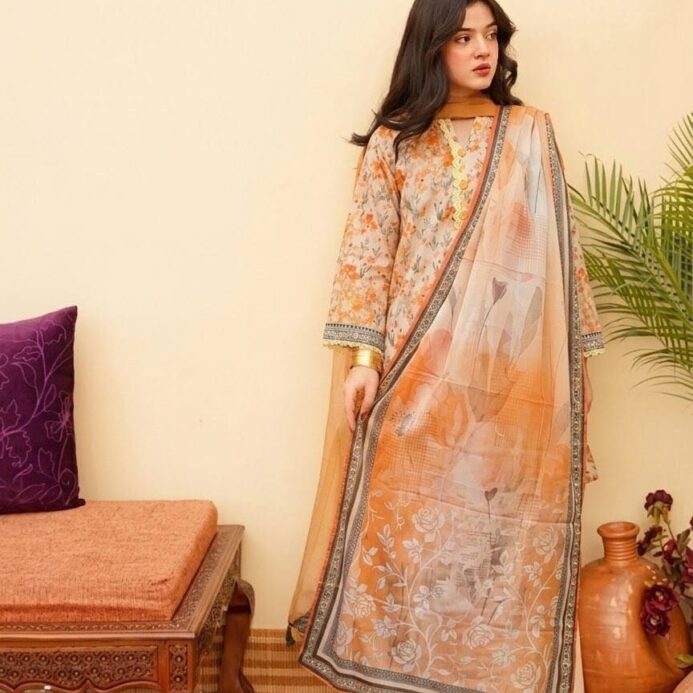 Peach Embroidered Lawn 3 Piece Suit