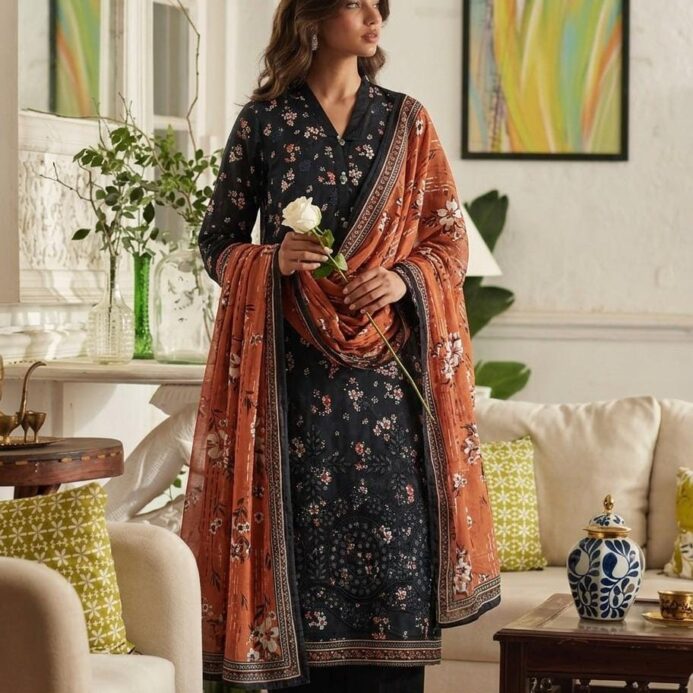 Midnight Ebony Floral 3-Piece Lawn Suit with Rust Monar Dupatta