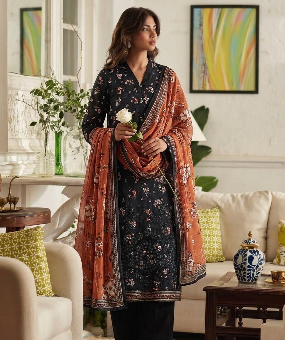 Midnight Ebony Floral 3-Piece Lawn Suit with Rust Monar Dupatta
