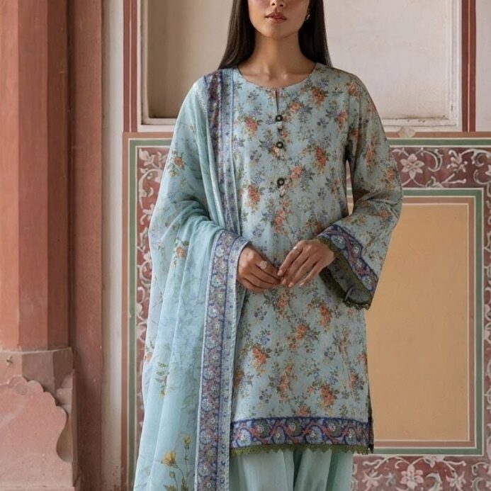 Sky Blue Floral Printed 3-Piece Lawn Suit