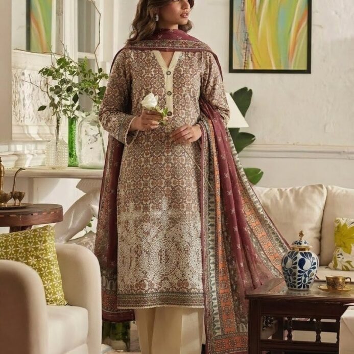 Luxe Mocha & Maroon Ethnic Printed Lawn 3 Piece Suit