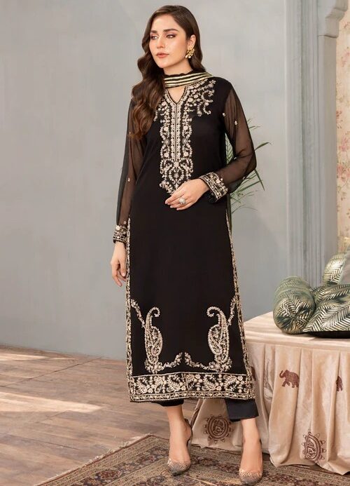 Zari Noir 3PC Chiffon Dress – Elegant Festive Wear (Trending)