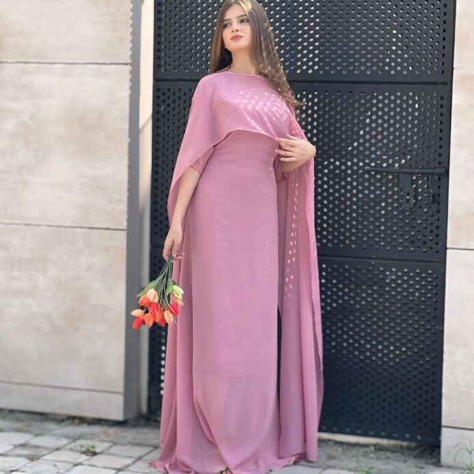 Cape Maxi Chiffon Dress – Elegant Party Wear (Pink & Brown)