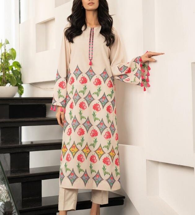 Printed Cream Floral Swiss Lawn 2-Piece Long Shirt Set