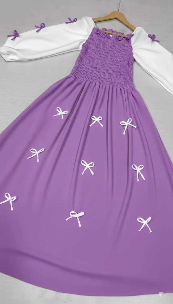 Bow Smokey Maxi Dress in Wool Peach Fabric - Image 6