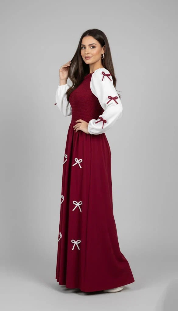 Bow Smokey Maxi Dress in Wool Peach Fabric - Image 5