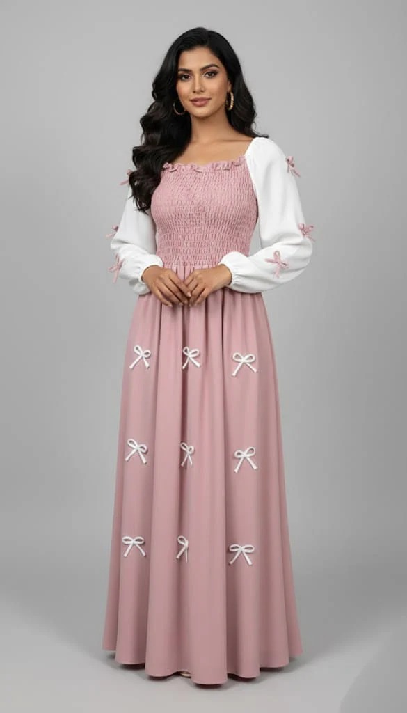 Bow Smokey Maxi Dress in Wool Peach Fabric - Image 4