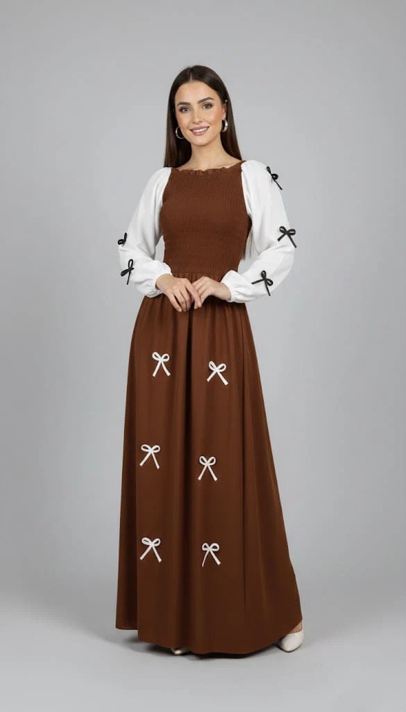 Bow Smokey Maxi Dress in Wool Peach Fabric - Image 3