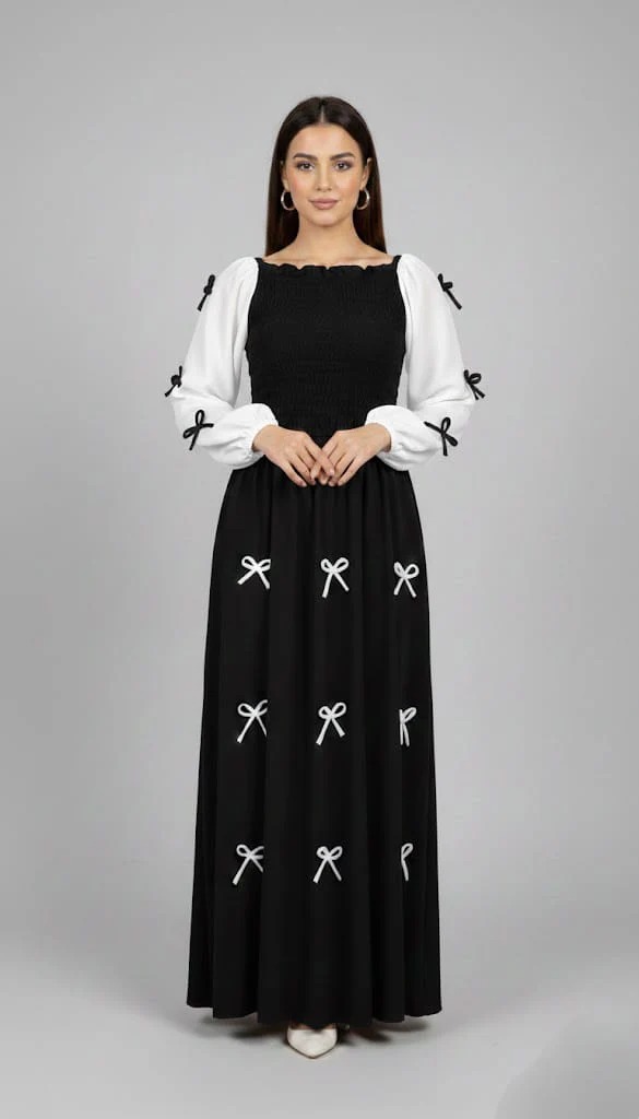 Bow Smokey Maxi Dress in Wool Peach Fabric