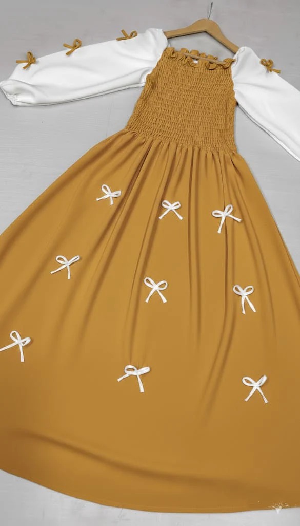 Bow Smokey Maxi Dress in Wool Peach Fabric - Image 2