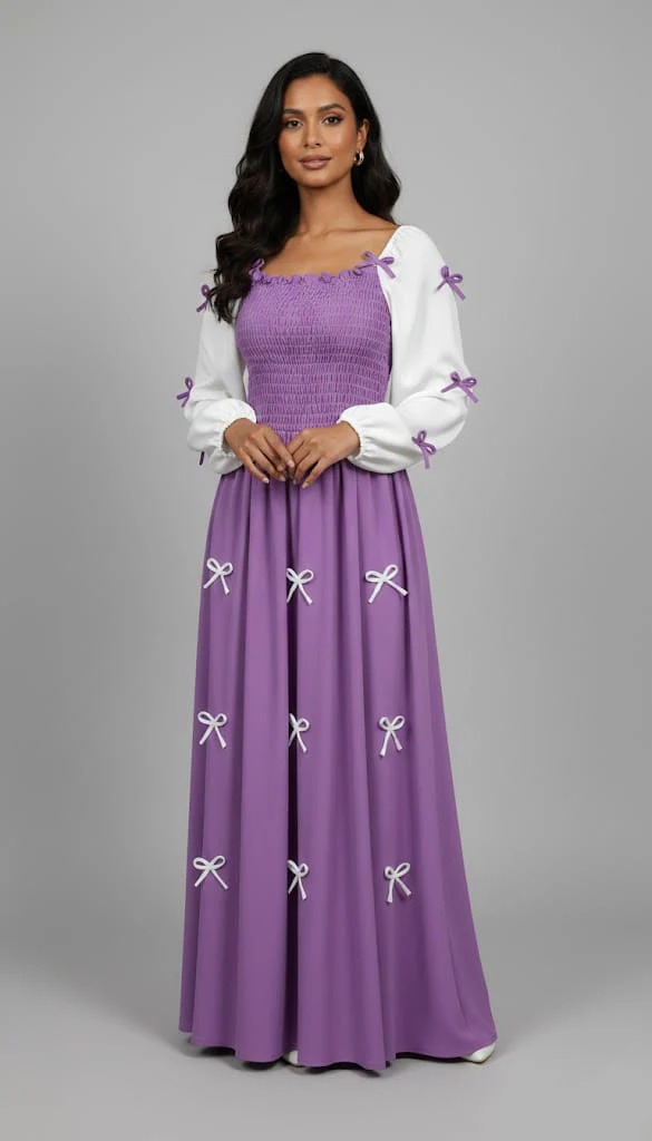 Bow Smokey Maxi Dress in Wool Peach Fabric - Image 7